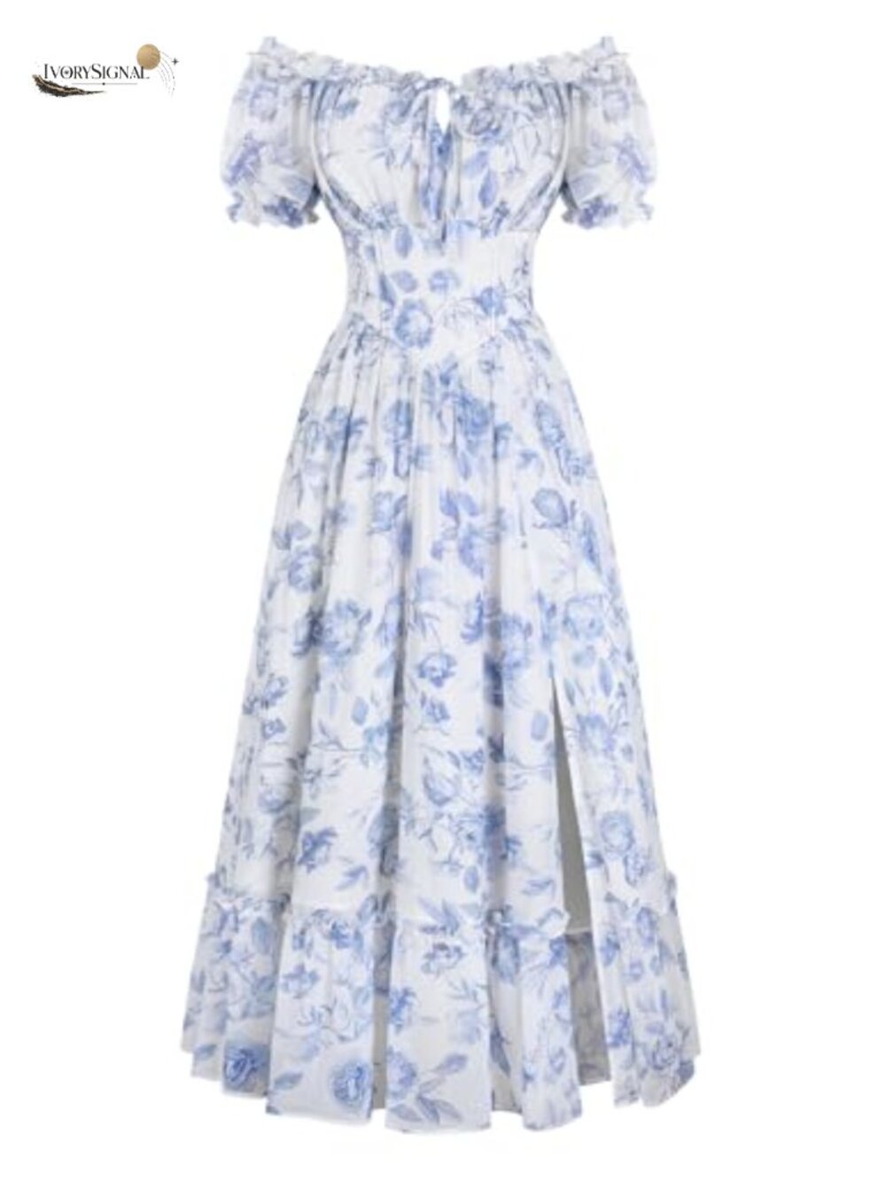 Floral Corset Midi Dress Puff Sleeve Cottagecore Victorian A-Line